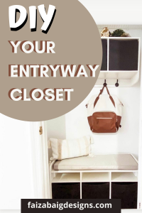 A DIY entryway closet with a built-in bench, storage cubes, and a hanging bag.