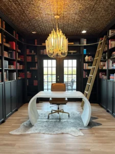 A luxurious home office featuring dark wood built-in bookshelves, a modern white curved desk, a tan leather office chair, a cowhide rug, and a distinctive chandelier.
