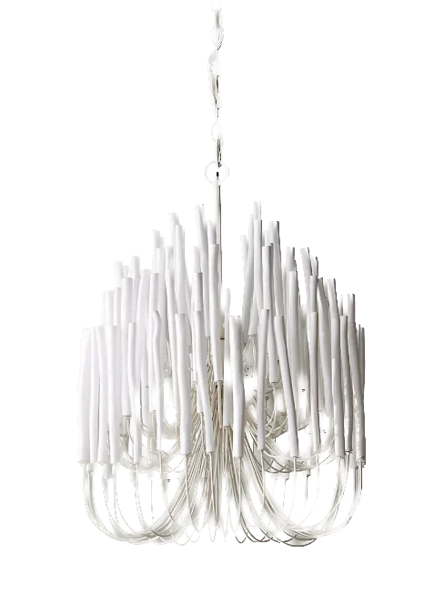 A white chandelier with a sculptural design resembling branches.