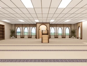 Interior of a modern mosque with a central wooden mimbar, arched windows with geometric patterns, and prayer mats.