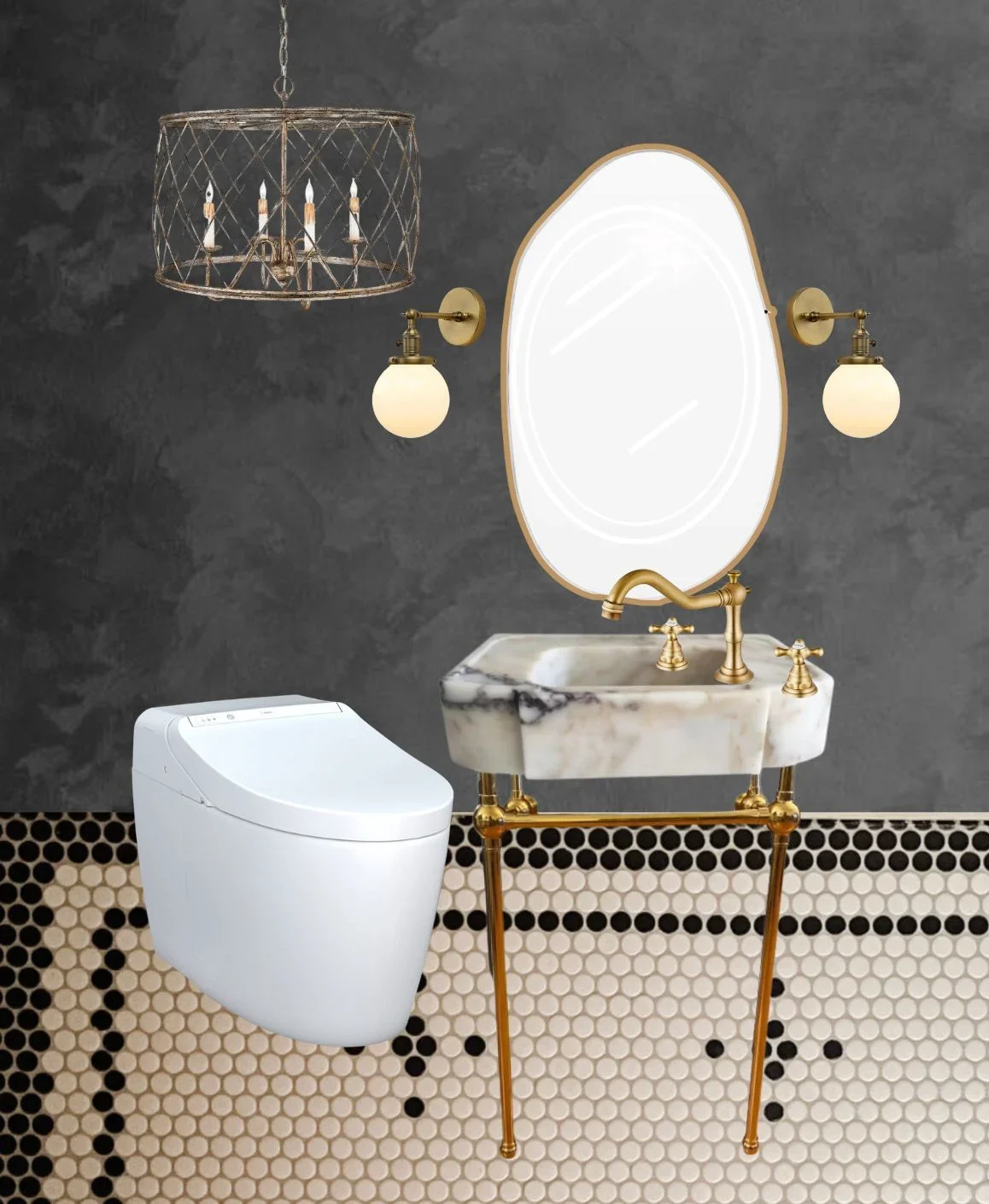 A white modern toilet, a marble pedestal sink with gold faucet, and a cage-style chandelier in a bathroom with dark textured walls and penny tile flooring.